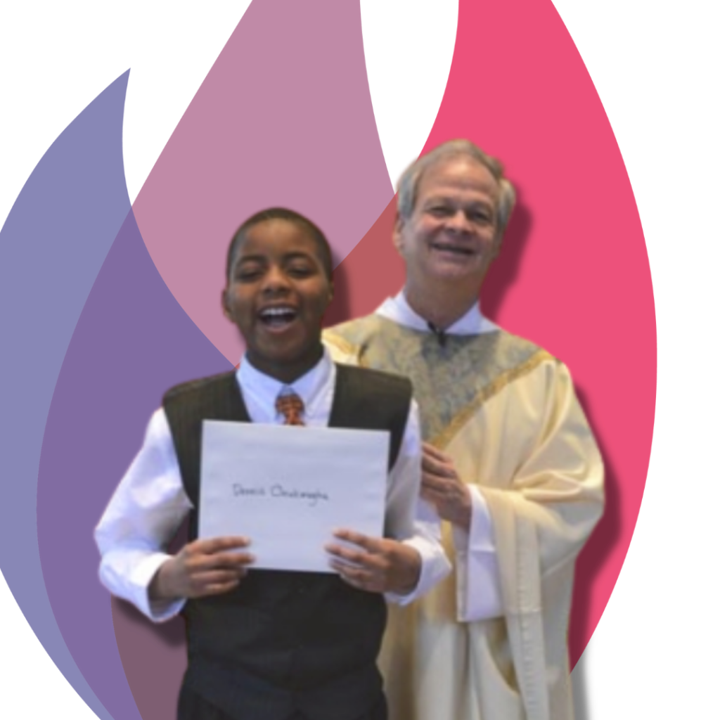 Fr. Gerry and young boy in front of flame logo of St. John the Evangelist Columbia MD