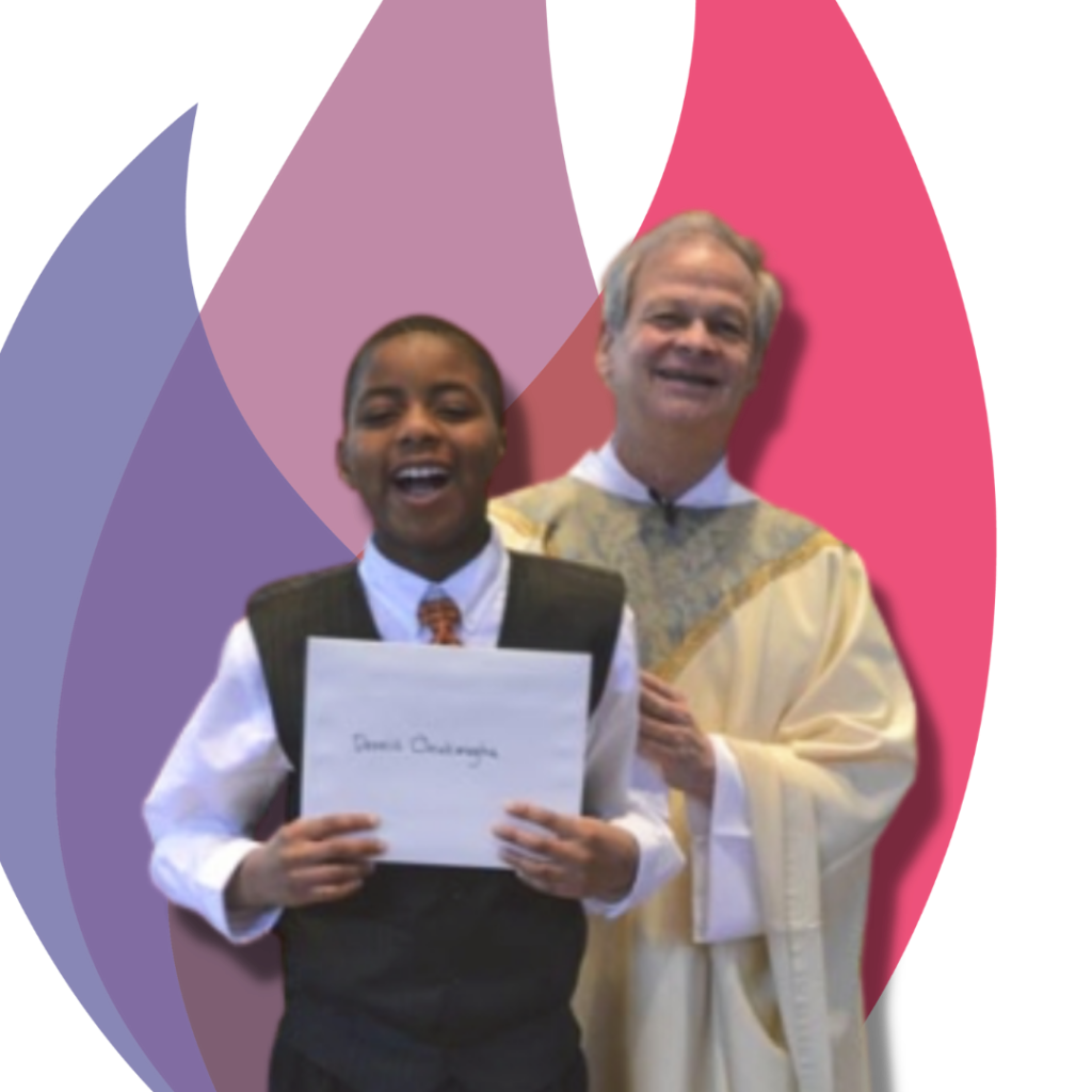 Fr. Gerry and young boy in front of flame logo of St. John the Evangelist Columbia MD