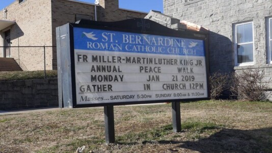 Sign outside St. Bernardine's