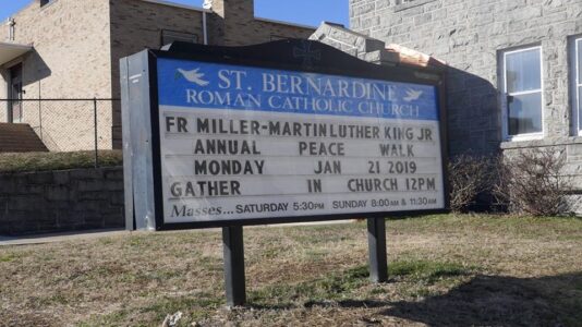 Sign outside St. Bernardine's