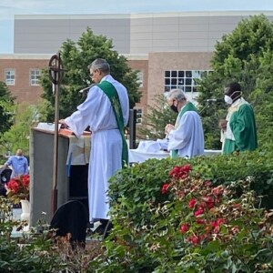 Deacon Jose, Fr. Gerry, & Fr. Ferdinand at outdoor Mass during pandemic 2020